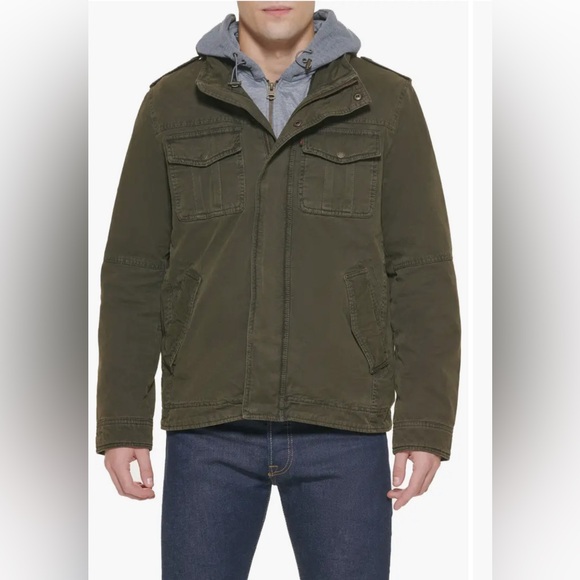 LEVI'S Green Trucker Style Utility Coat with Zip in hoodie and sherpa lined L - Picture 1 of 16